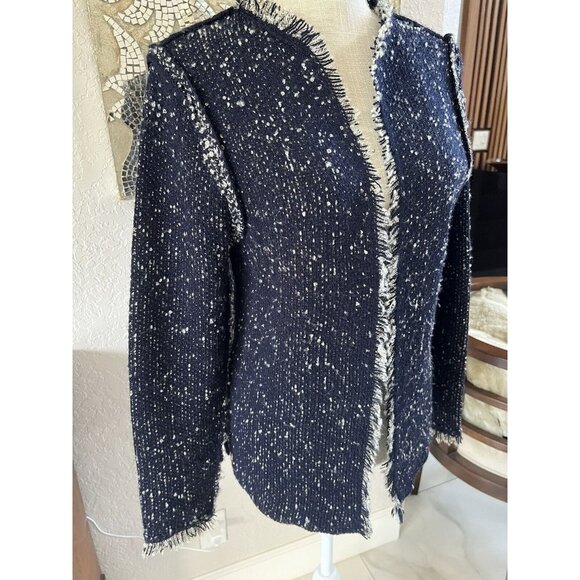 Sioni Womens Navy Boucle Open Front Cardigan Sweater With Fringe Edges - Size M - Picture 3 of 7